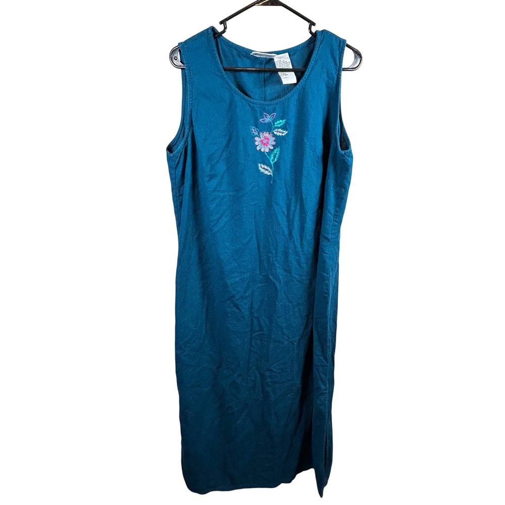 Vintage Dress Women's 16W Linen Blend Embroidered Floral Sleeveless Teal Lonh